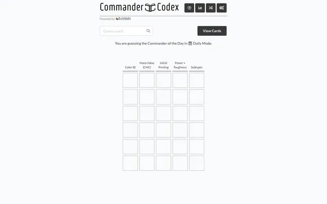 Commander Codex in Daily Mode: the Guess a card box above an empty six row grid with Color ID, Mana Value, Initial Printing, Power + Toughness and Subtypes columns