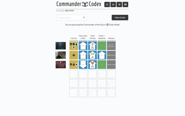 Commander Codex Daily Mode with three guesses (Atraxa, Krenko, Edgar Markov) graded on colour ID, mana value, printing, power plus toughness and subtypes