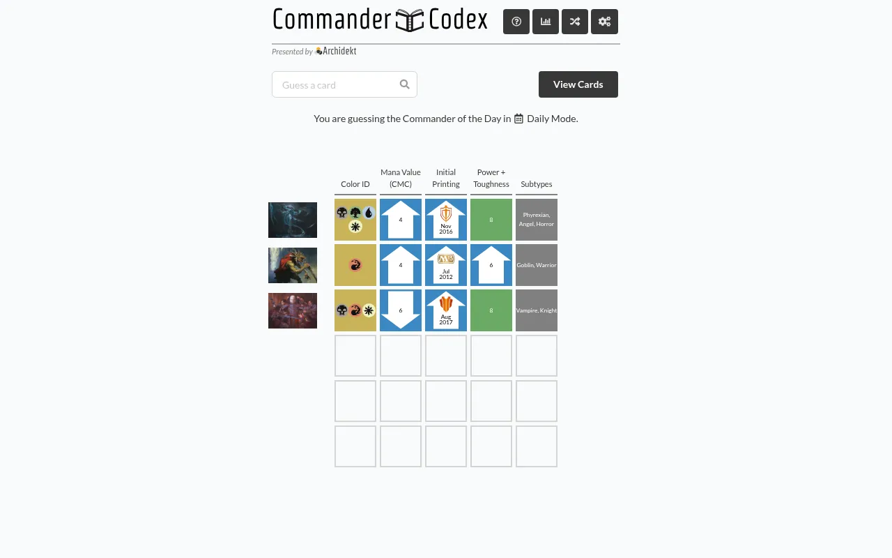 Commander Codex Daily Mode with three guesses (Atraxa, Krenko, Edgar Markov) graded on colour ID, mana value, printing, power plus toughness and subtypes