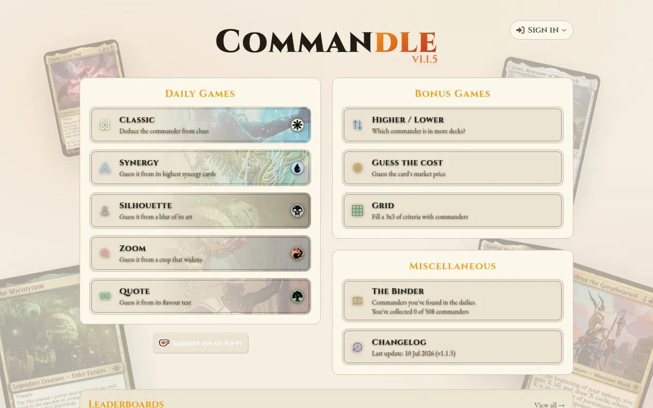Commandle home page listing the five daily games and the bonus games Higher / Lower, Guess the Cost and Grid