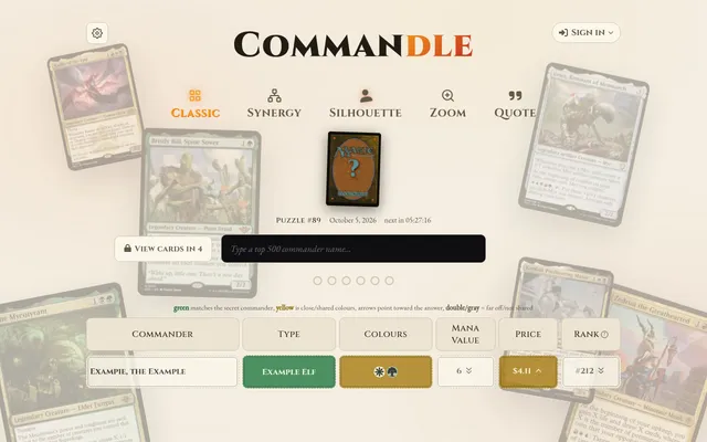 Commandle Classic mode: puzzle 89 for October 5, 2026, a face-down Magic card, the guess box and the Type, Colours, Mana Value, Price and Rank columns