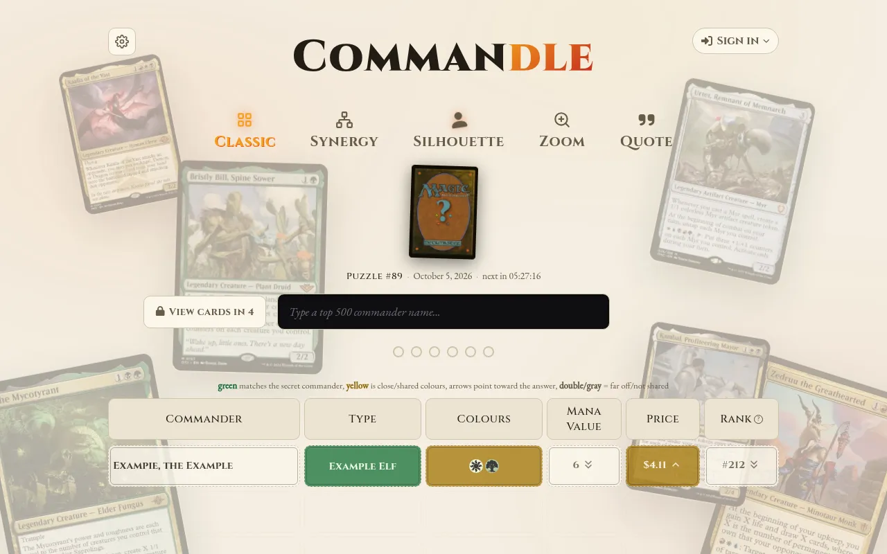 Commandle Classic mode: puzzle 89 for October 5, 2026, a face-down Magic card, the guess box and the Type, Colours, Mana Value, Price and Rank columns