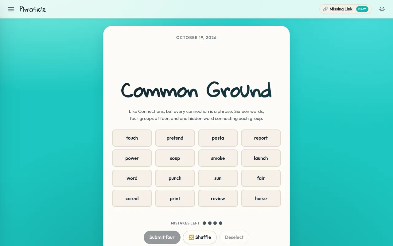 Common Ground board for October 19, 2026: sixteen word tiles such as touch, pasta, smoke and horse, four mistakes left, with Submit four and Shuffle buttons