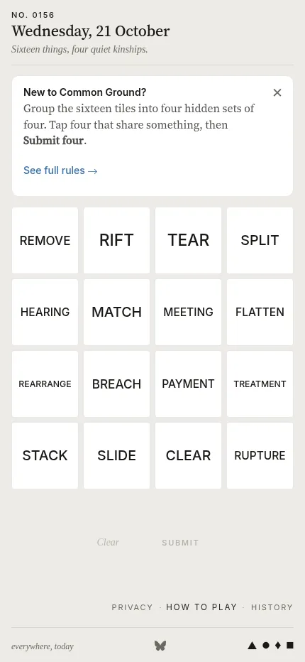 Common Ground No. 0156 at phone size: the sixteen-word board under the short New to Common Ground rules card, with Clear and Submit below