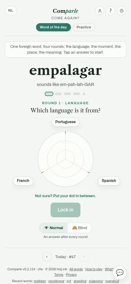 Comparle at phone size: the word empalagar with its pronunciation and the radar of round 1 above the Lock in button