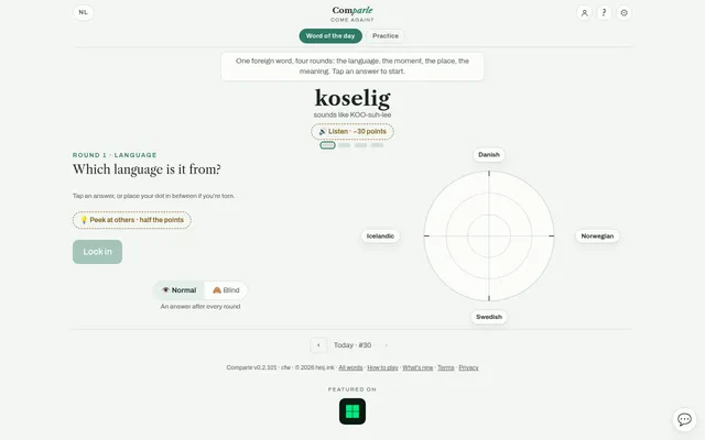 Comparle word of the day #30, koselig, round 1 asking which language it is from, with Danish, Norwegian, Swedish and Icelandic around a radar