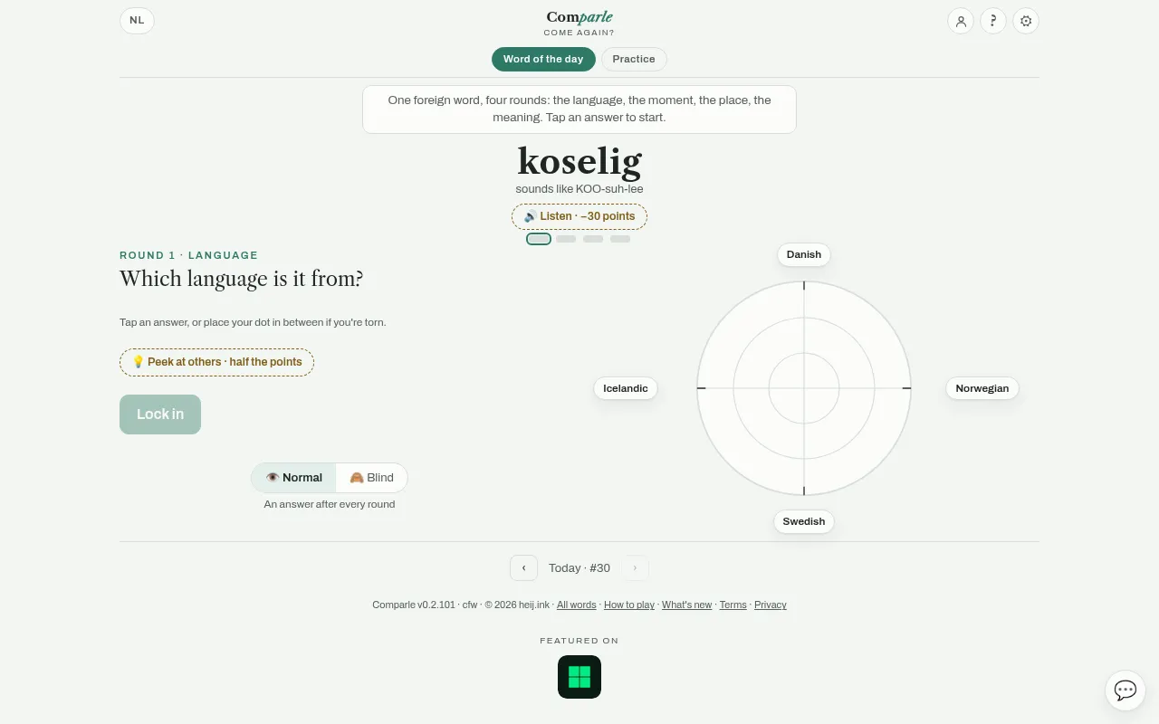 Comparle word of the day #30, koselig, round 1 asking which language it is from, with Danish, Norwegian, Swedish and Icelandic around a radar