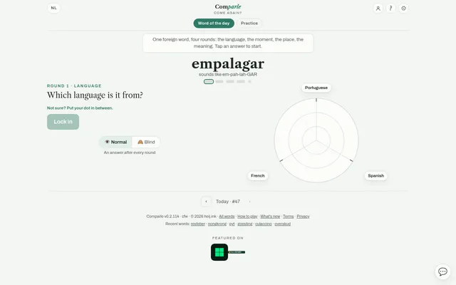 Comparle word of the day #47, empalagar, round 1 asking which language it is from, with Portuguese, French and Spanish around a radar