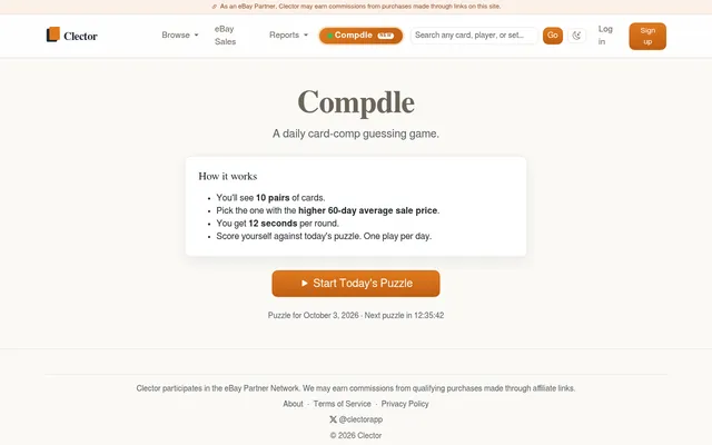 The Compdle start screen on Clector: How it works (10 pairs of cards, pick the higher 60-day average sale price, 12 seconds a round, one play a day) and Start Today's Puzzle for October 3, 2026