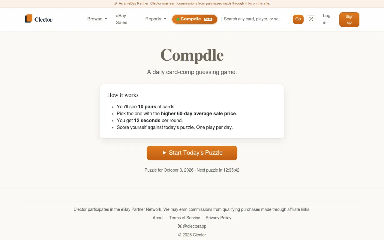 The Compdle start screen on Clector: How it works (10 pairs of cards, pick the higher 60-day average sale price, 12 seconds a round, one play a day) and Start Today's Puzzle for October 3, 2026