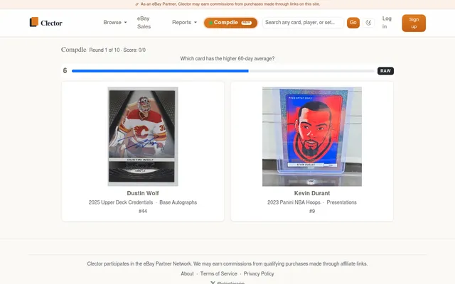 Compdle round 1 of 10: 'Which card has the higher 60-day average?' with a countdown bar, and two cards to choose between, a Dustin Wolf 2025 Upper Deck Credentials autograph and a Kevin Durant 2023 Pa