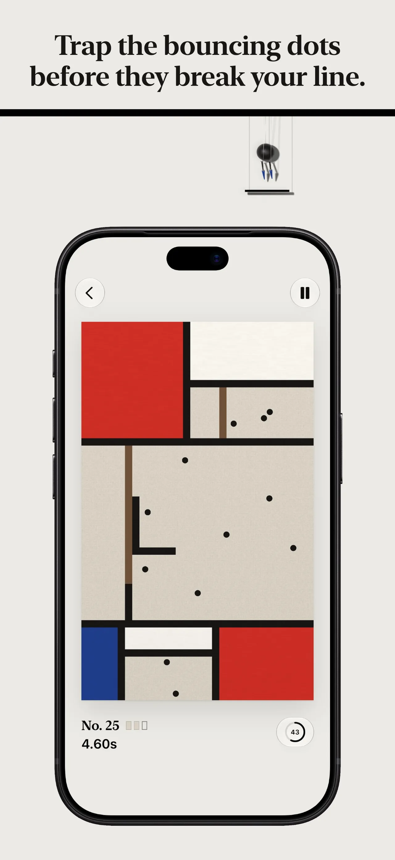 Composition board No. 25 in play on an iPhone: black lines fence bouncing dots, with closed spaces painted red, blue and white