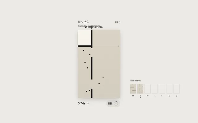 Composition board No. 22 for Tuesday 27 October in the browser: eight dots, black walls, one corner painted white, a new line growing, the clock and spare lines below