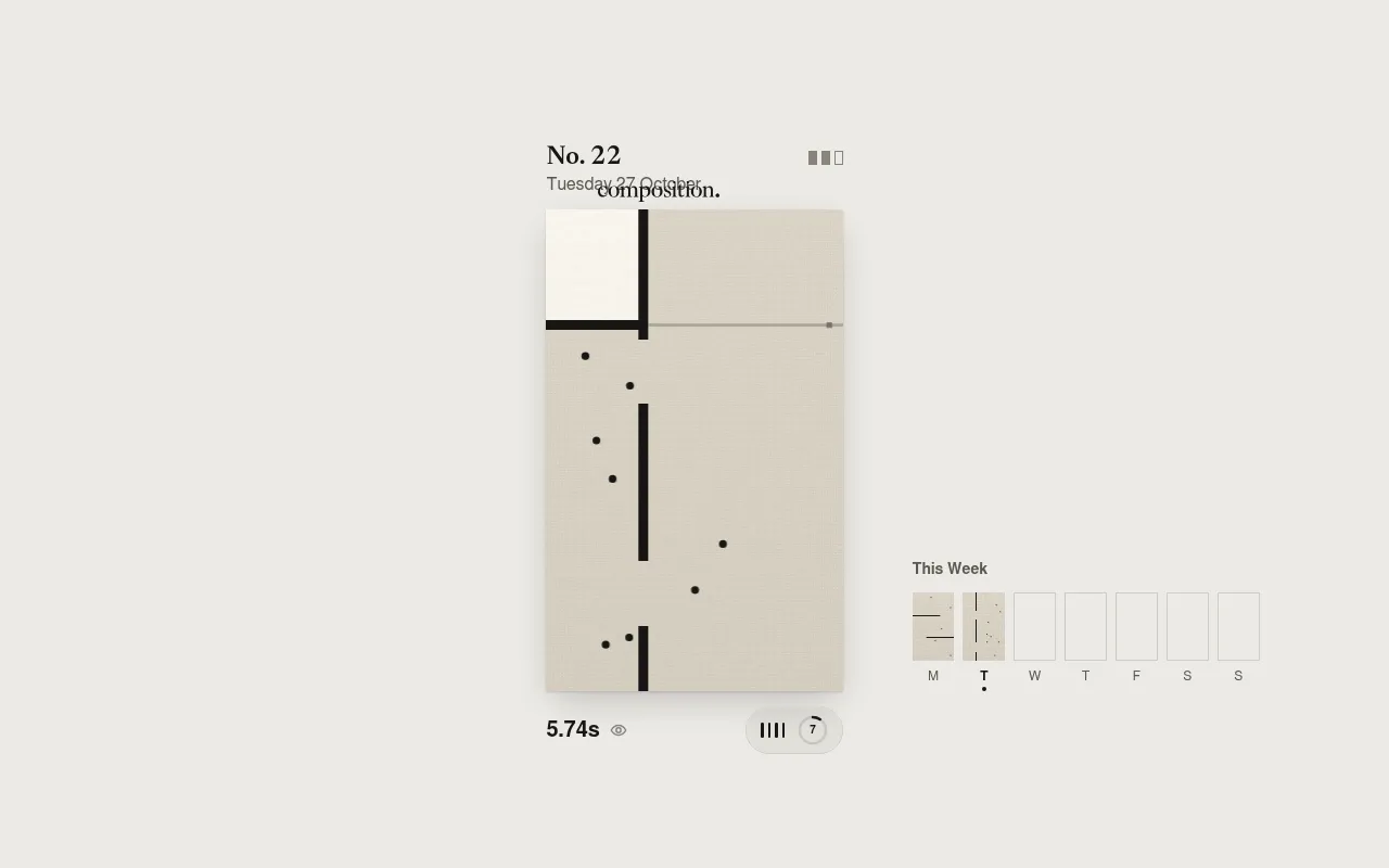 Composition board No. 22 for Tuesday 27 October in the browser: eight dots, black walls, one corner painted white, a new line growing, the clock and spare lines below