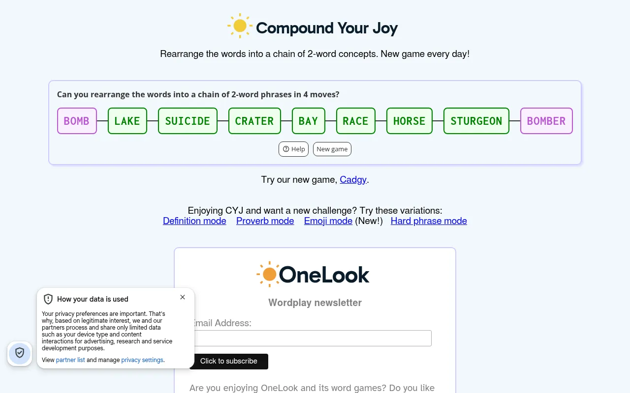Compound Your Joy board: the fixed words BOMB and BOMBER in pink at each end with LAKE, SUICIDE, CRATER, BAY, RACE, HORSE and STURGEON in green between them to reorder