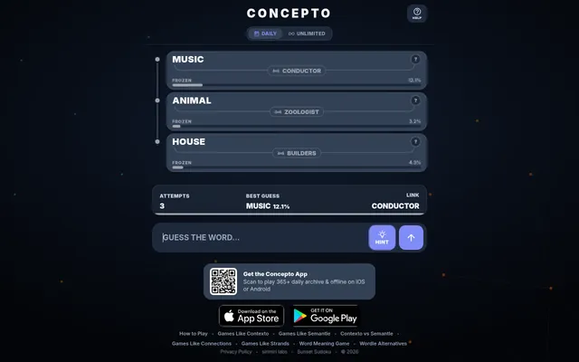 Today's Concepto daily in play on a desktop: guesses MUSIC, ANIMAL and HOUSE, all Frozen, with bridge words CONDUCTOR, ZOOLOGIST and BUILDERS and a tally of attempts