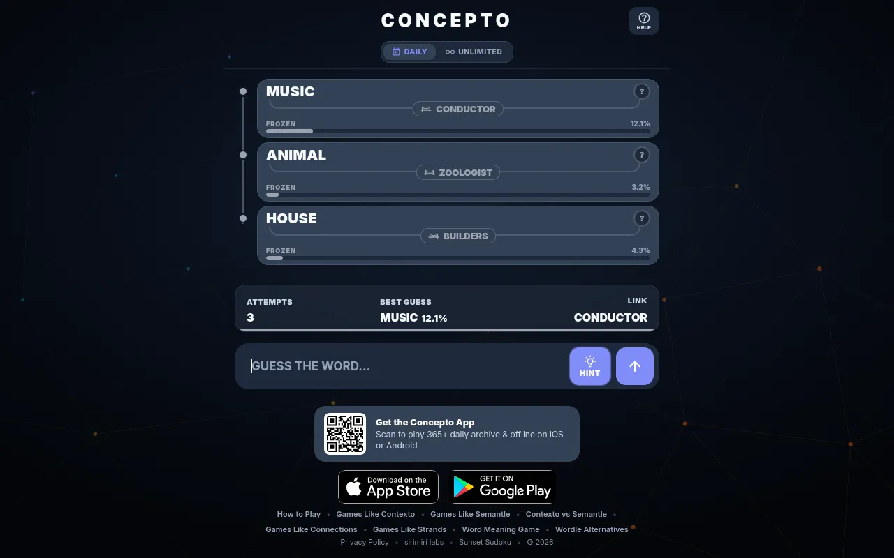 Today's Concepto daily in play on a desktop: guesses MUSIC, ANIMAL and HOUSE, all Frozen, with bridge words CONDUCTOR, ZOOLOGIST and BUILDERS and a tally of attempts