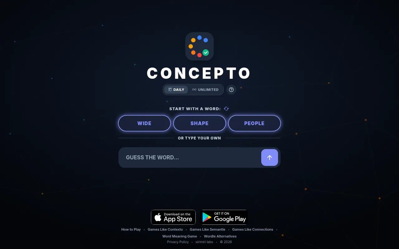 The Concepto daily start screen with Daily and Unlimited tabs, three suggested starting words and a guess box