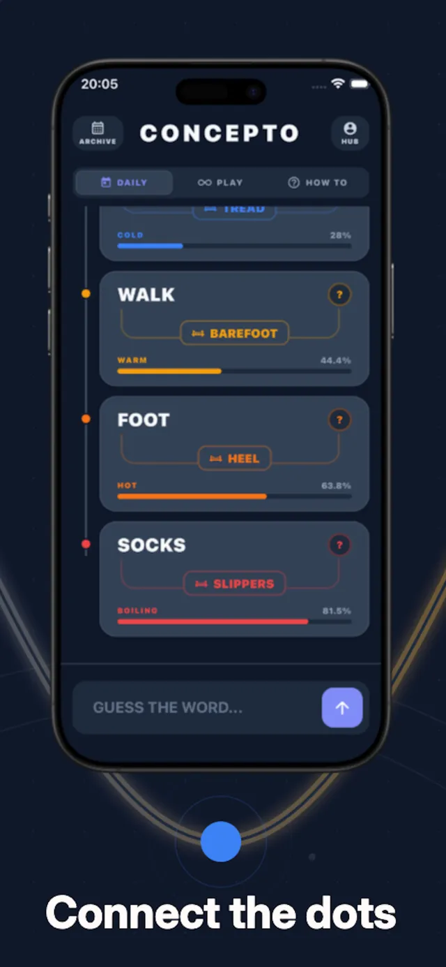 Concepto's daily in play on an iPhone: guess cards WALK, FOOT and SOCKS with bridge words BAREFOOT, HEEL and SLIPPERS, warming from Warm 44 percent to Boiling 81 percent