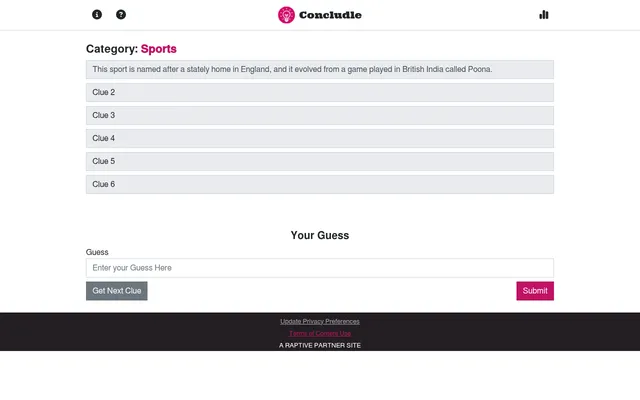 Concludle #1685 on 18 October 2026: category Sports, the first of six clues shown, with the guess box, Get Next Clue and Submit