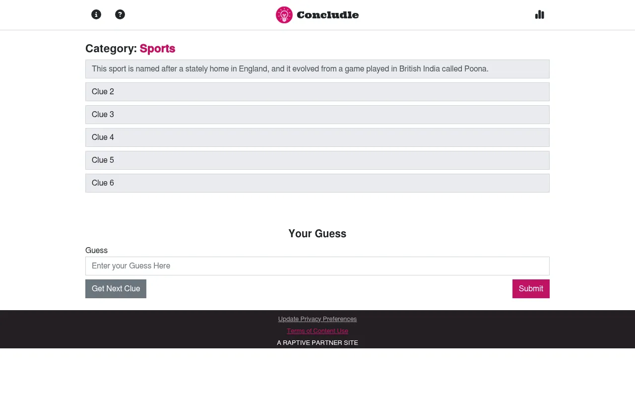 Concludle #1685 on 18 October 2026: category Sports, the first of six clues shown, with the guess box, Get Next Clue and Submit
