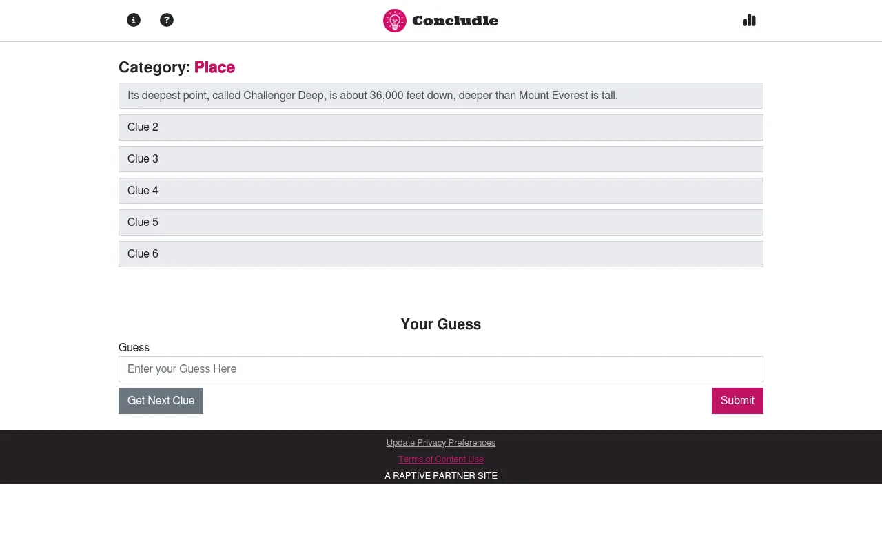 An earlier Concludle puzzle: category Place, the first of six clues revealed, a guess box, Get Next Clue and Submit
