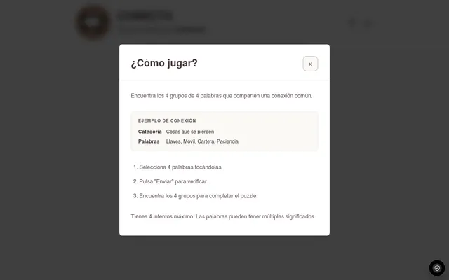 Conecta's How to play panel: find the 4 groups of 4 words that share a connection, with an example category Cosas que se pierden (llaves, móvil, cartera, paciencia) and three steps