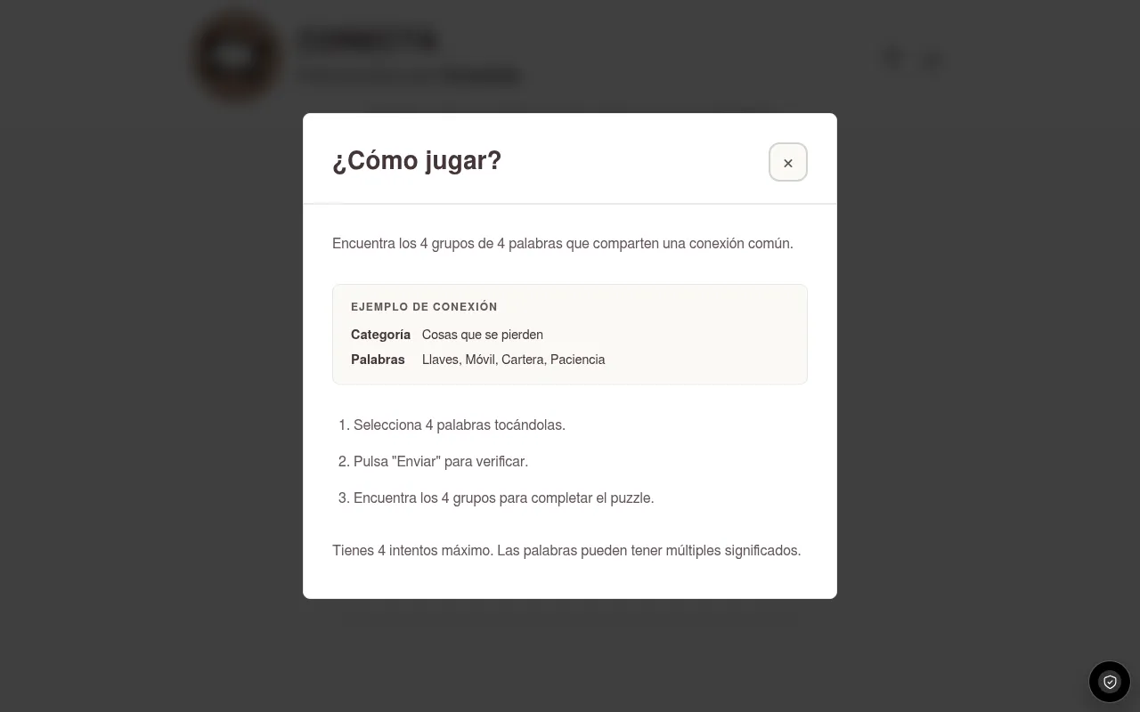 Conecta's How to play panel: find the 4 groups of 4 words that share a connection, with an example category Cosas que se pierden (llaves, móvil, cartera, paciencia) and three steps