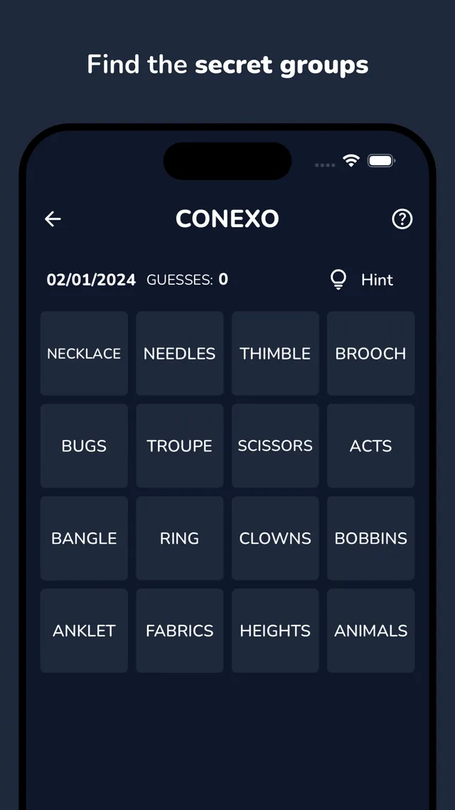 A Conexo board of 16 word tiles, among them NECKLACE, NEEDLES, THIMBLE, TROUPE and CLOWNS, under the caption Find the secret groups