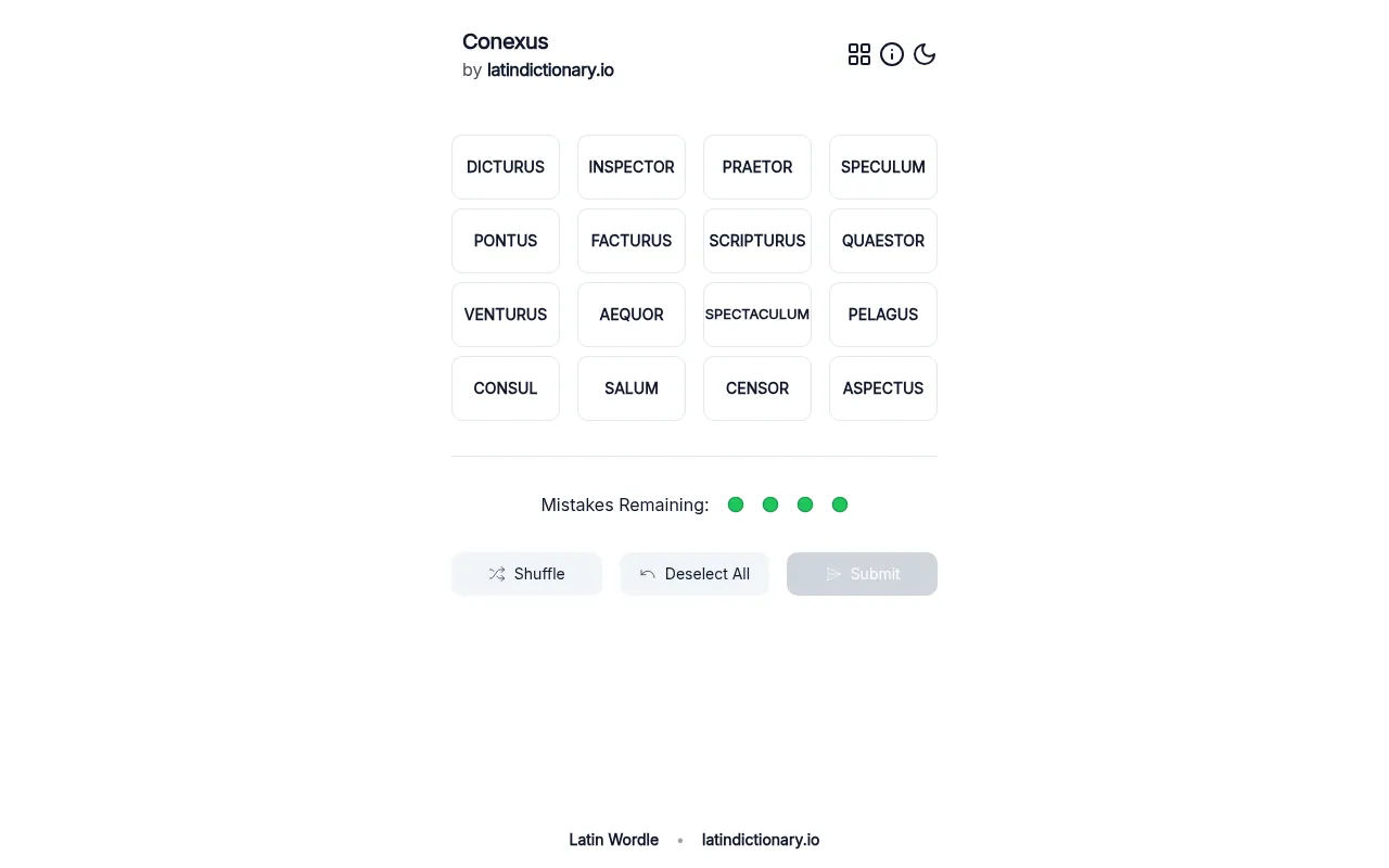 Conexus by latindictionary.io: a four by four grid of Latin words including Dicturus, Praetor, Speculum, Pontus, Consul and Pelagus, with four mistakes remaining and Shuffle, Deselect All and Submit b