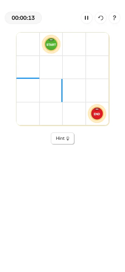 Connect at phone size: the 4 by 4 grid with Start, End and two walls, a timer above and a Hint button below