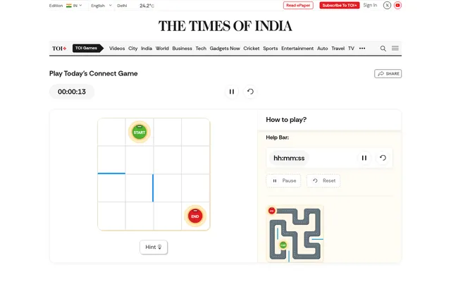 Today's Connect board on TOI Games at desktop size: a 4 by 4 grid with green Start and red End cells and two blue walls, beside the how-to-play panel