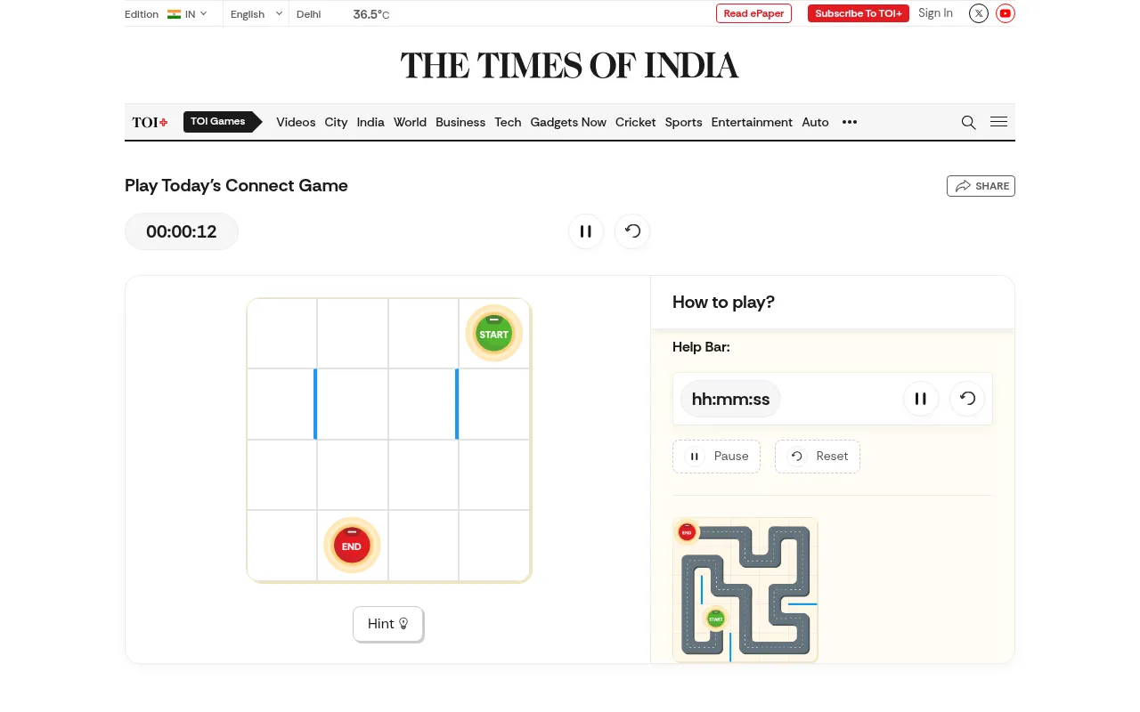 Today's Connect board on TOI Games: a 4 by 4 grid with a Start and an End cell and two walls, beside the how-to-play panel