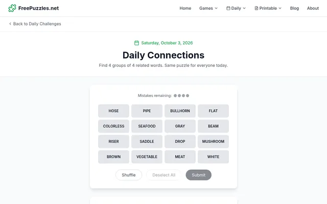 FreePuzzles.net Daily Connections for Saturday, October 3, 2026: a four by four grid of words including Hose, Pipe, Bullhorn, Mushroom and White, with four mistakes remaining
