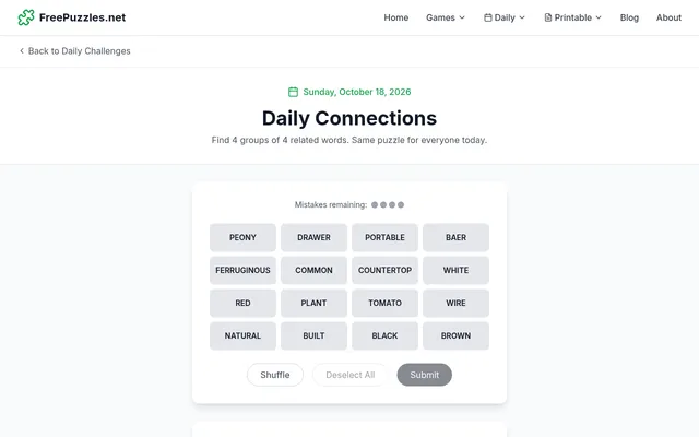 FreePuzzles.net Daily Connections for Sunday, October 18, 2026: today's four by four grid with words such as Peony, Drawer, Ferruginous, Countertop and Tomato, four mistakes remaining
