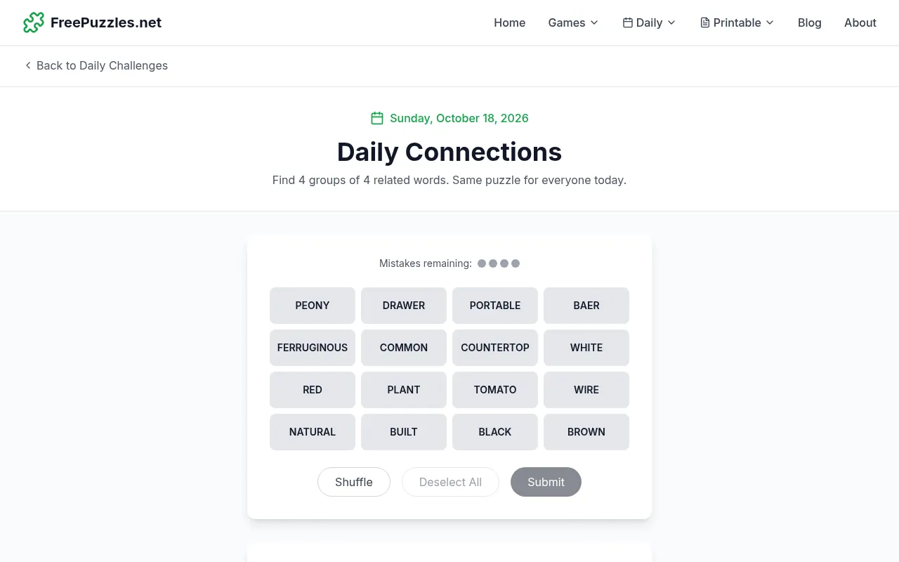 FreePuzzles.net Daily Connections for Sunday, October 18, 2026: today's four by four grid with words such as Peony, Drawer, Ferruginous, Countertop and Tomato, four mistakes remaining