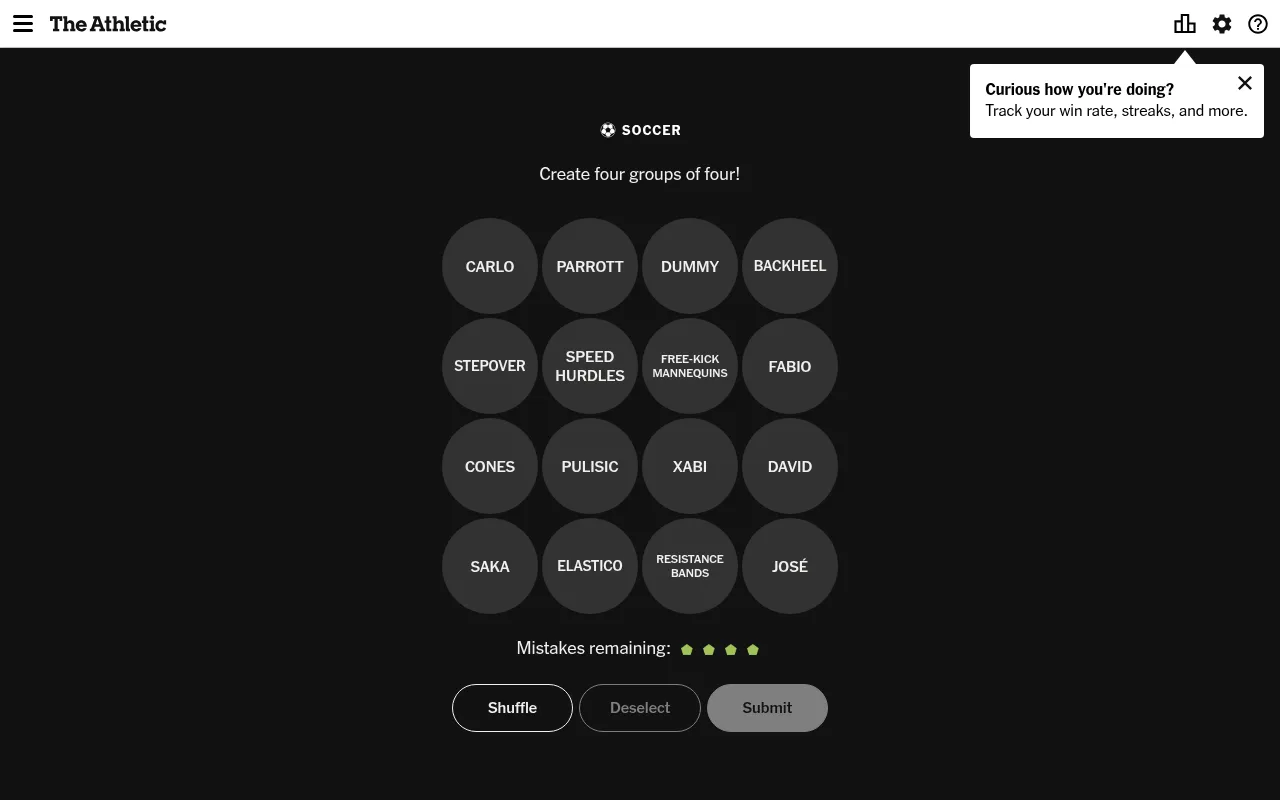 A Connections: Soccer Edition board of sixteen round tiles such as Saka, Stepover, Xabi and Resistance Bands, with four mistakes remaining and Shuffle, Deselect and Submit buttons