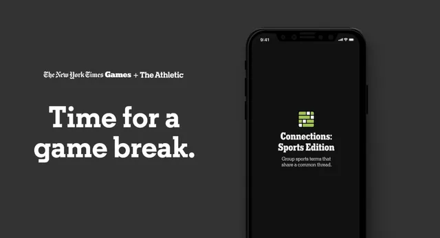 Promo art for Connections: Sports Edition from NYT Games and The Athletic. A phone shows the game's start screen with its green grid icon.