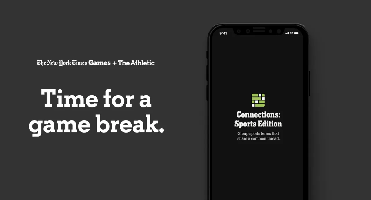 Promo art for Connections: Sports Edition from NYT Games and The Athletic. A phone shows the game's start screen with its green grid icon.