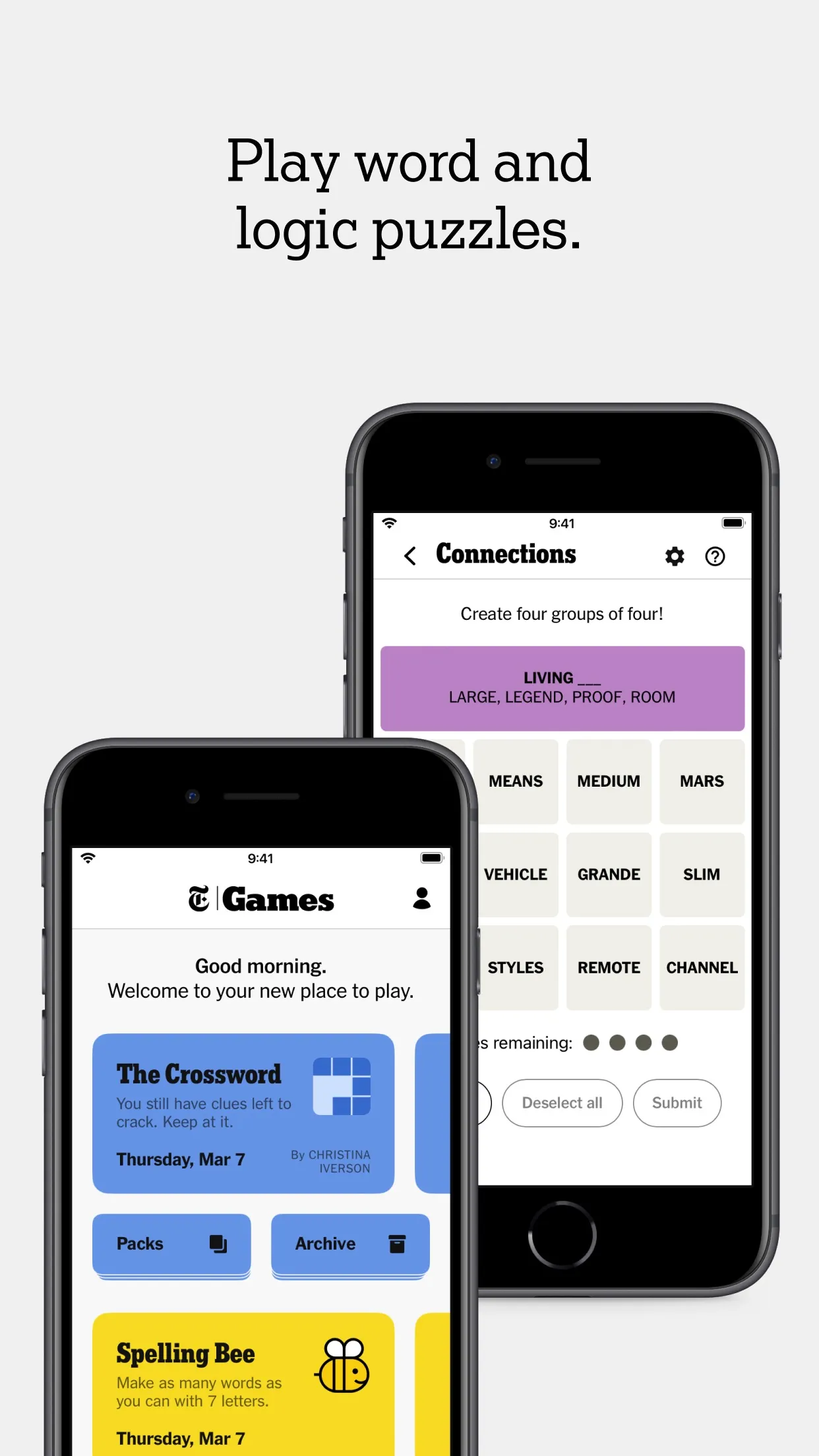 Connections being played in the NYT Games app on an iPhone: the purple group LIVING ___ is solved and twelve word tiles wait below, with four mistakes left