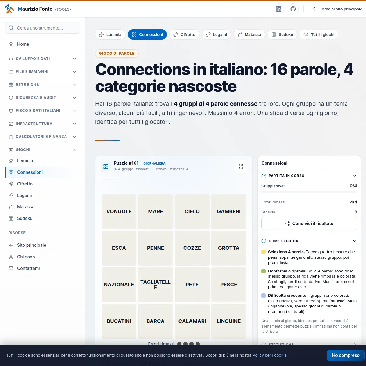 Connessioni puzzle #161: a four by four grid of Italian words such as VONGOLE, MARE, PENNE and BARCA, with four mistakes left