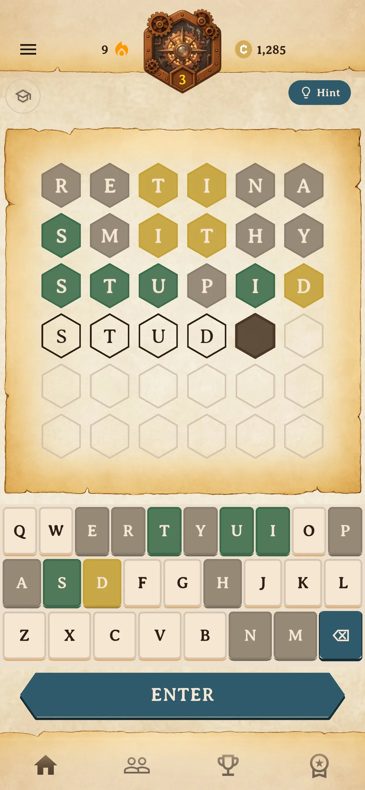 Connexus Echo puzzle: guesses RETINA, SMITHY and STUPID on hexagon tiles coloured green, yellow and grey, with STUD being typed