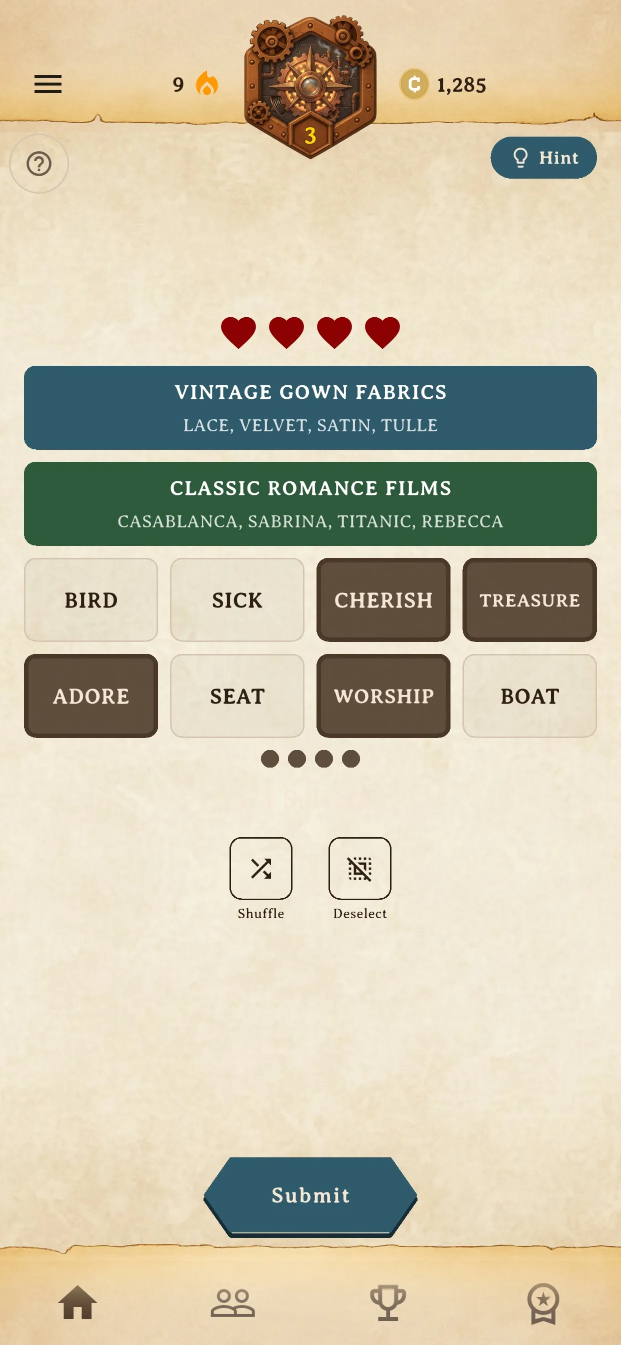 Connexus Links puzzle: two groups solved, Vintage Gown Fabrics and Classic Romance Films, with eight words left such as Cherish, Treasure, Adore and Worship