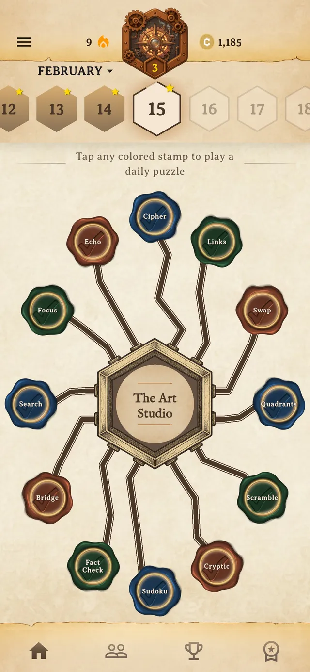 The Connexus daily board for February 15: thirteen wax seals such as Echo, Cipher, Links, Swap and Sudoku linked to the central theme The Art Studio