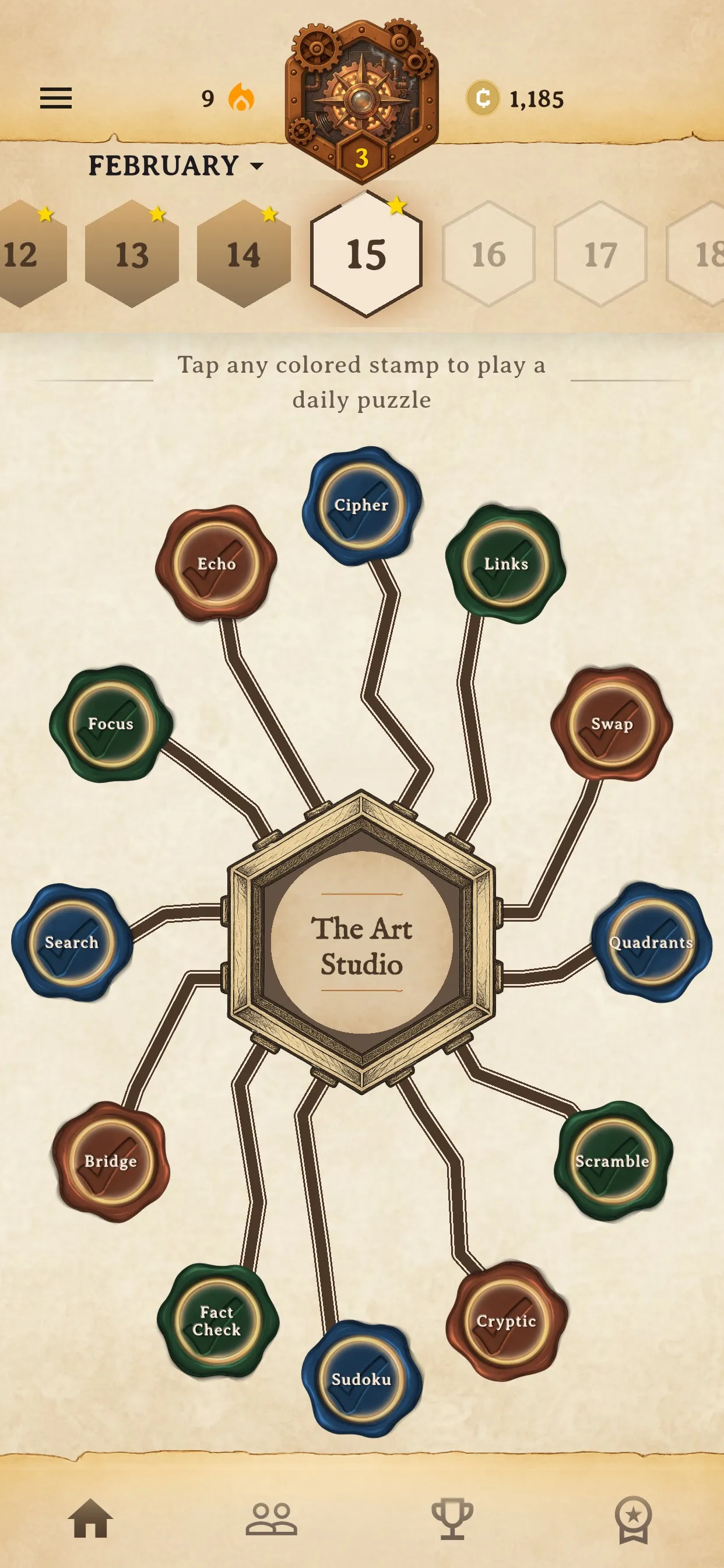 The Connexus daily board for February 15: thirteen wax seals such as Echo, Cipher, Links, Swap and Sudoku linked to the central theme The Art Studio