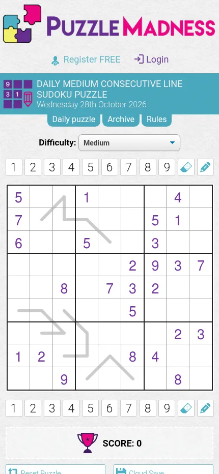 Today's Medium Consecutive Line Sudoku on PuzzleMadness for 28 October 2026 at phone size: a 9x9 grid with grey zig-zag lines and purple givens between two rows of number buttons