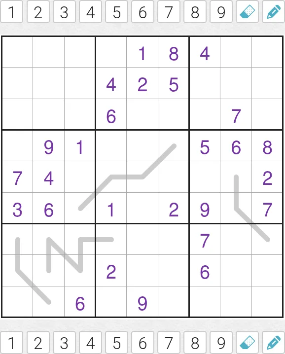 Today's Medium Consecutive Line Sudoku on PuzzleMadness for 3 October 2026: a 9x9 grid with grey lines and purple given digits, between rows of number buttons