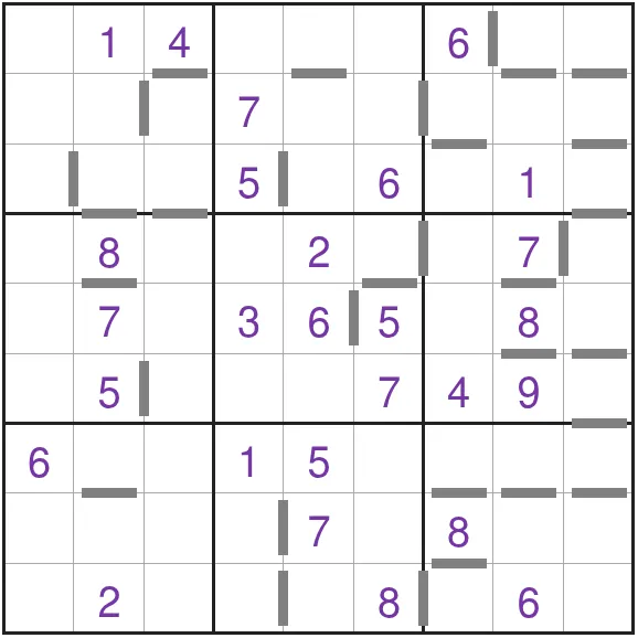 The Medium Consecutive Sudoku grid for 28 October 2026 on PuzzleMadness, with purple givens and grey bars between consecutive squares