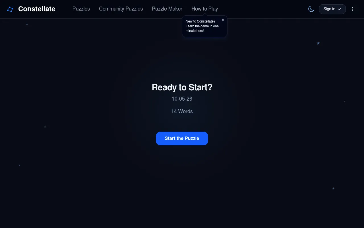 Constellate start screen for the 10-05-26 puzzle with 14 words and a Start the Puzzle button