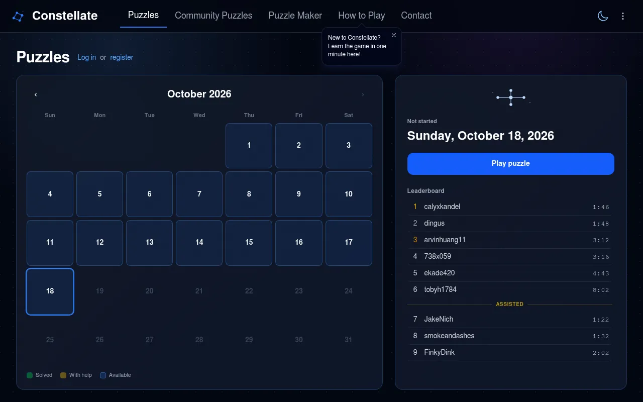 Constellate Puzzles page: an October 2026 calendar of past dailies beside the day's leaderboard of solve times